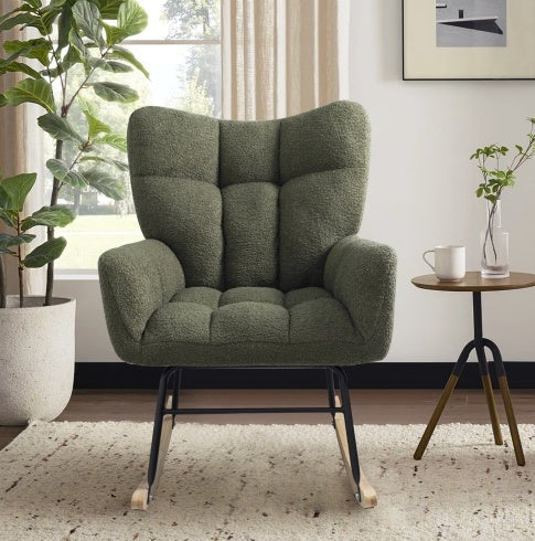 Teddy Fabric Rocking Chair, Modern Rocking Accent Chair For Nursery, Living Room, Bedroom, Deep Green