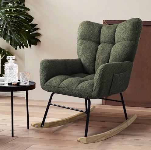 Teddy Fabric Rocking Chair, Modern Rocking Accent Chair For Nursery, Living Room, Bedroom, Deep Green